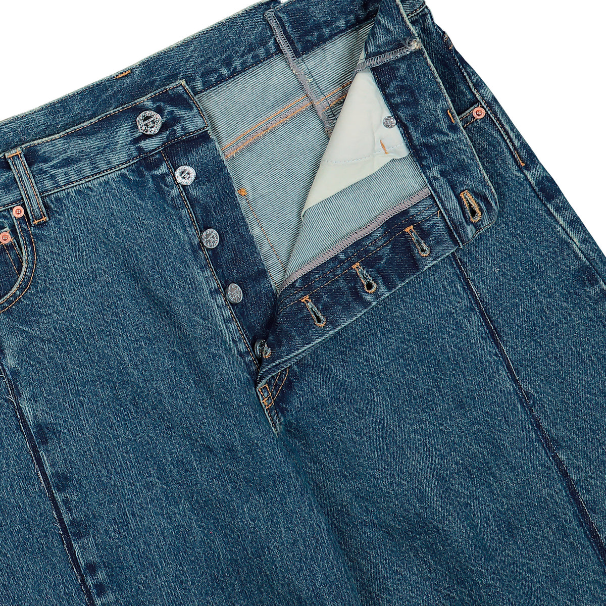 VETEMENTS Pinched Cut-Up Jeans Mid Blue Denim MH27DJ085BL Detail View 4 | GATE