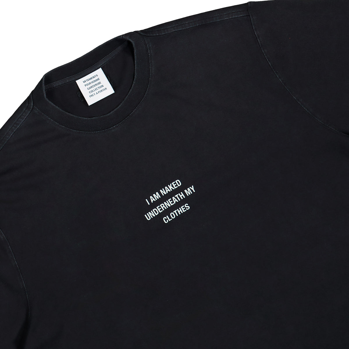 VETEMENTS I Am Naked Underneath My Clothes T-Shirt Washed Black T-Shirts MH27TR171B Detail View 3 | GATE