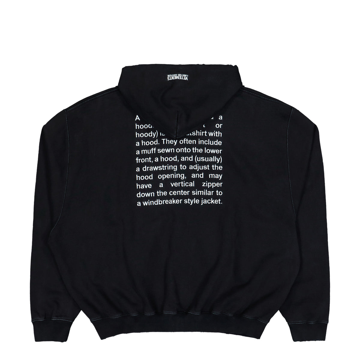 VETEMENTS Embroidered Definition Zip-Up Hoodie Washed Black Hoodies MH27ZU222B Detail View 1 | GATE