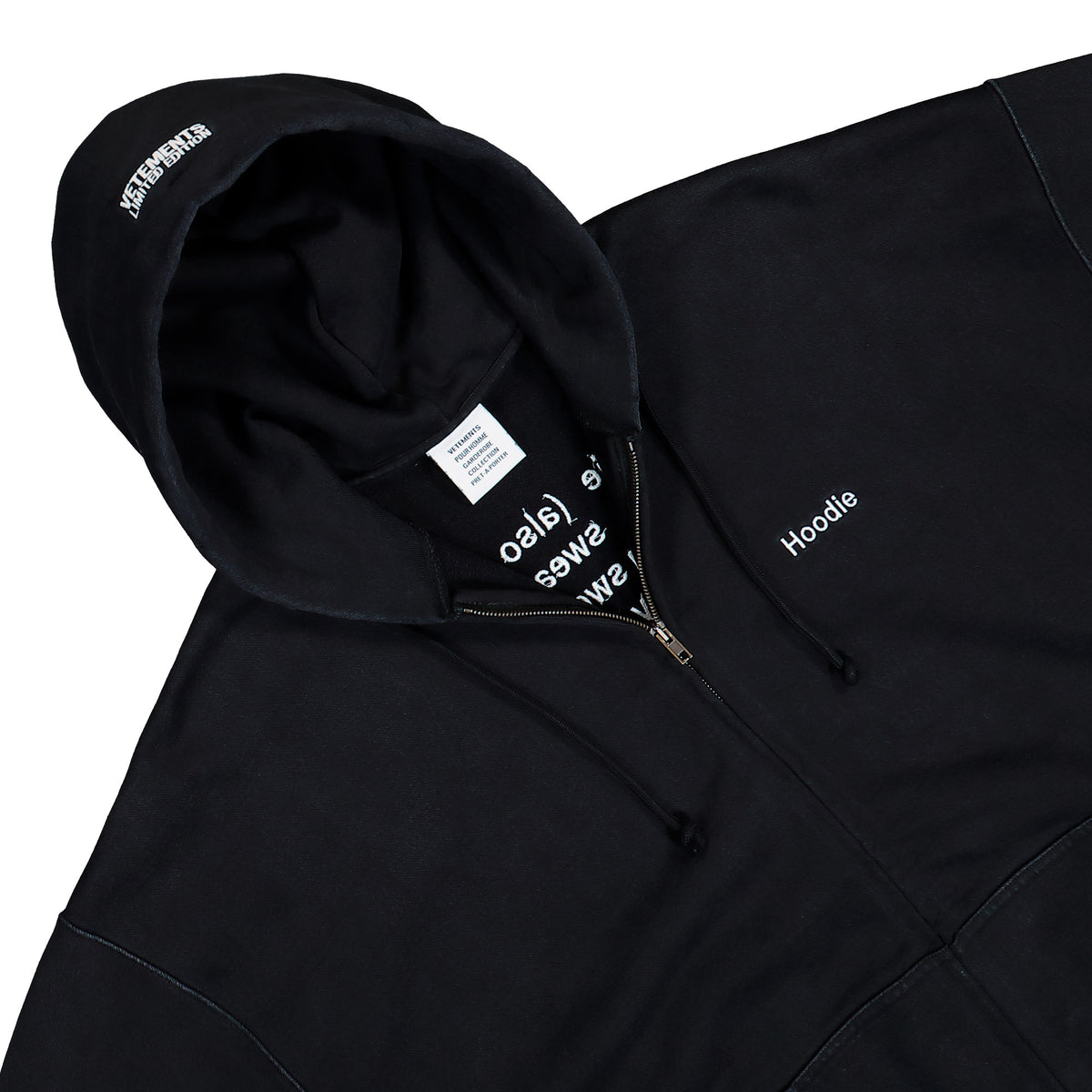 VETEMENTS Embroidered Definition Zip-Up Hoodie Washed Black Hoodies MH27ZU222B Detail View 3 | GATE