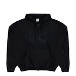 VETEMENTS Embroidered Front Zip-Up Hoodie Washed Black Hoodies MH27ZU262B Detail View 1 | GATE