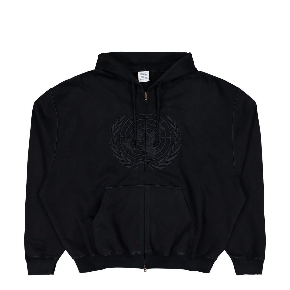 VETEMENTS Embroidered Front Zip-Up Hoodie Washed Black Hoodies MH27ZU262B Detail View 1 | GATE