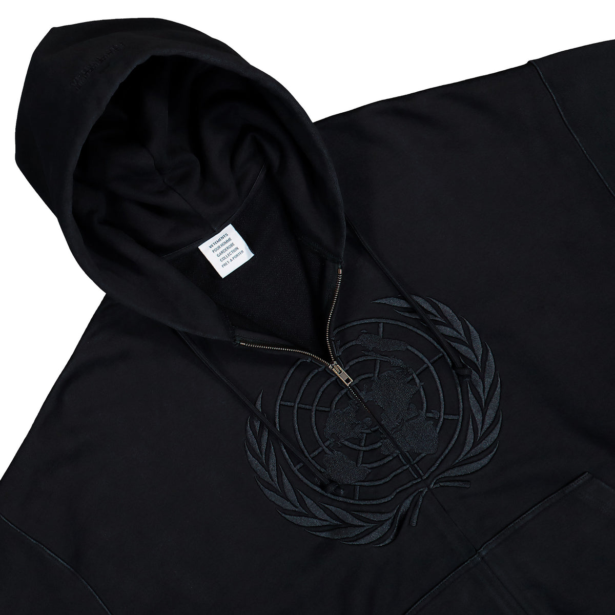 VETEMENTS Embroidered Front Zip-Up Hoodie Washed Black Hoodies MH27ZU262B Detail View 3 | GATE