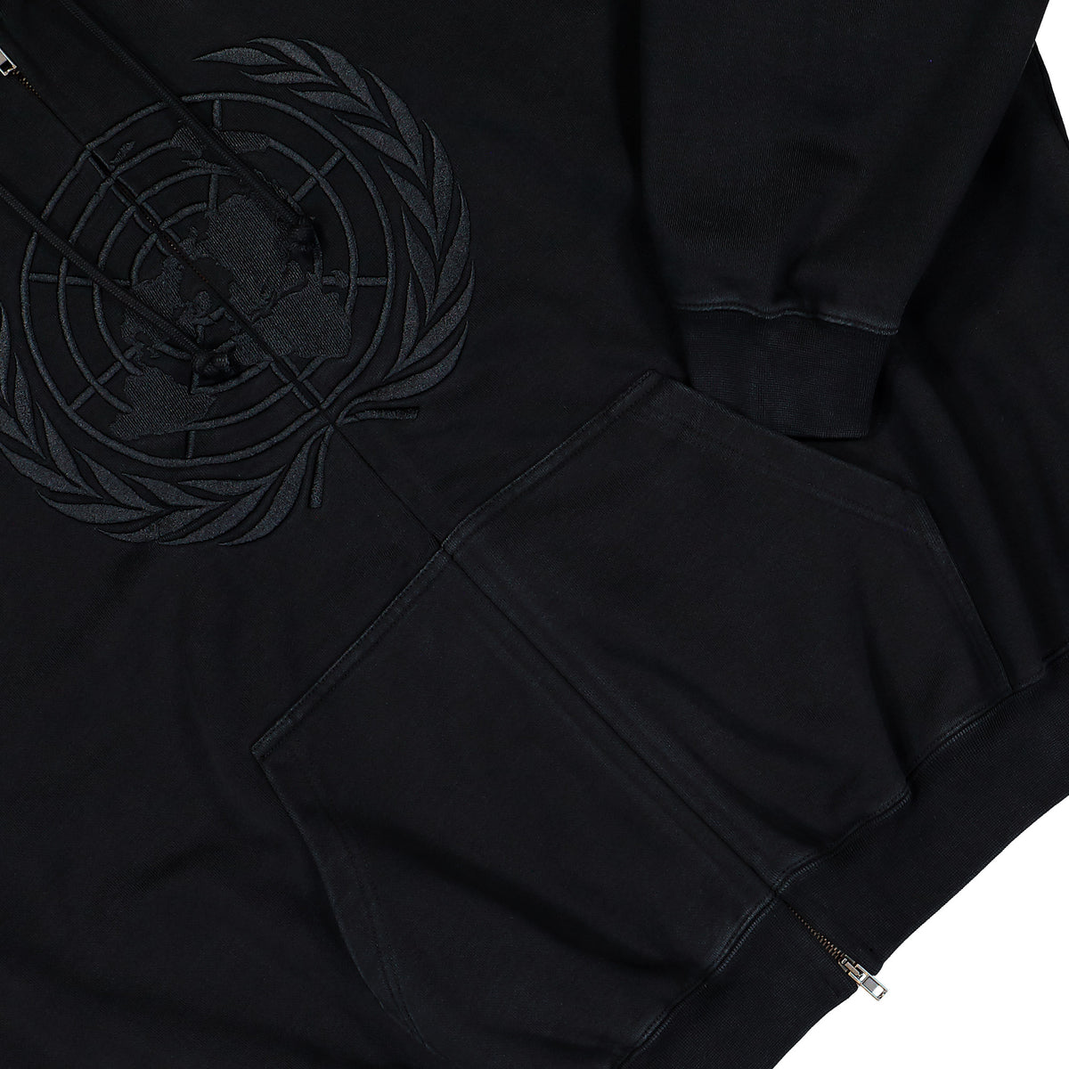 VETEMENTS Embroidered Front Zip-Up Hoodie Washed Black Hoodies MH27ZU262B Detail View 4 | GATE