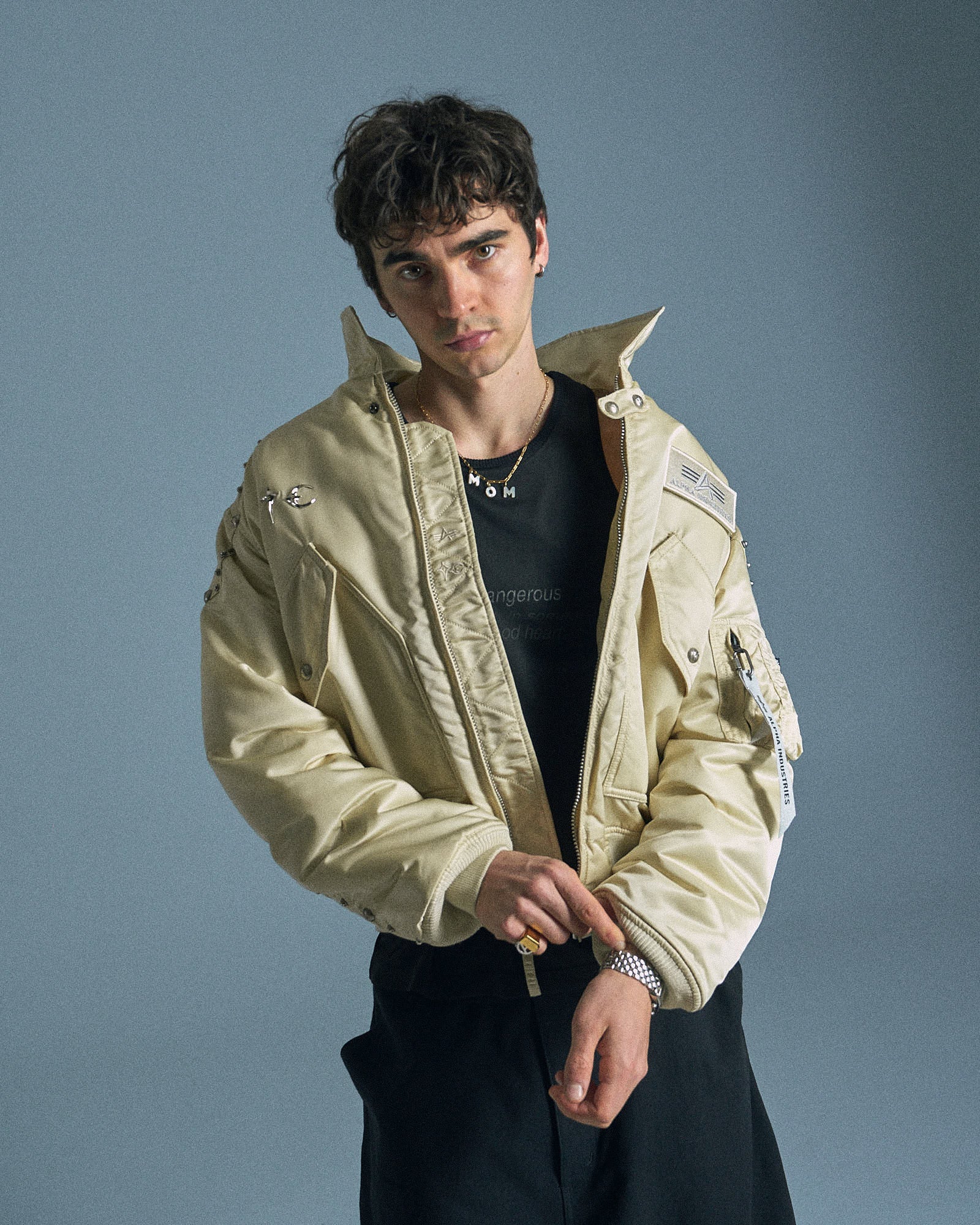 Thug Club x Alpha Industries CWU-45P Rivet Edition  Vintage White Jackets 258150-300 On Model Front View | GATE
