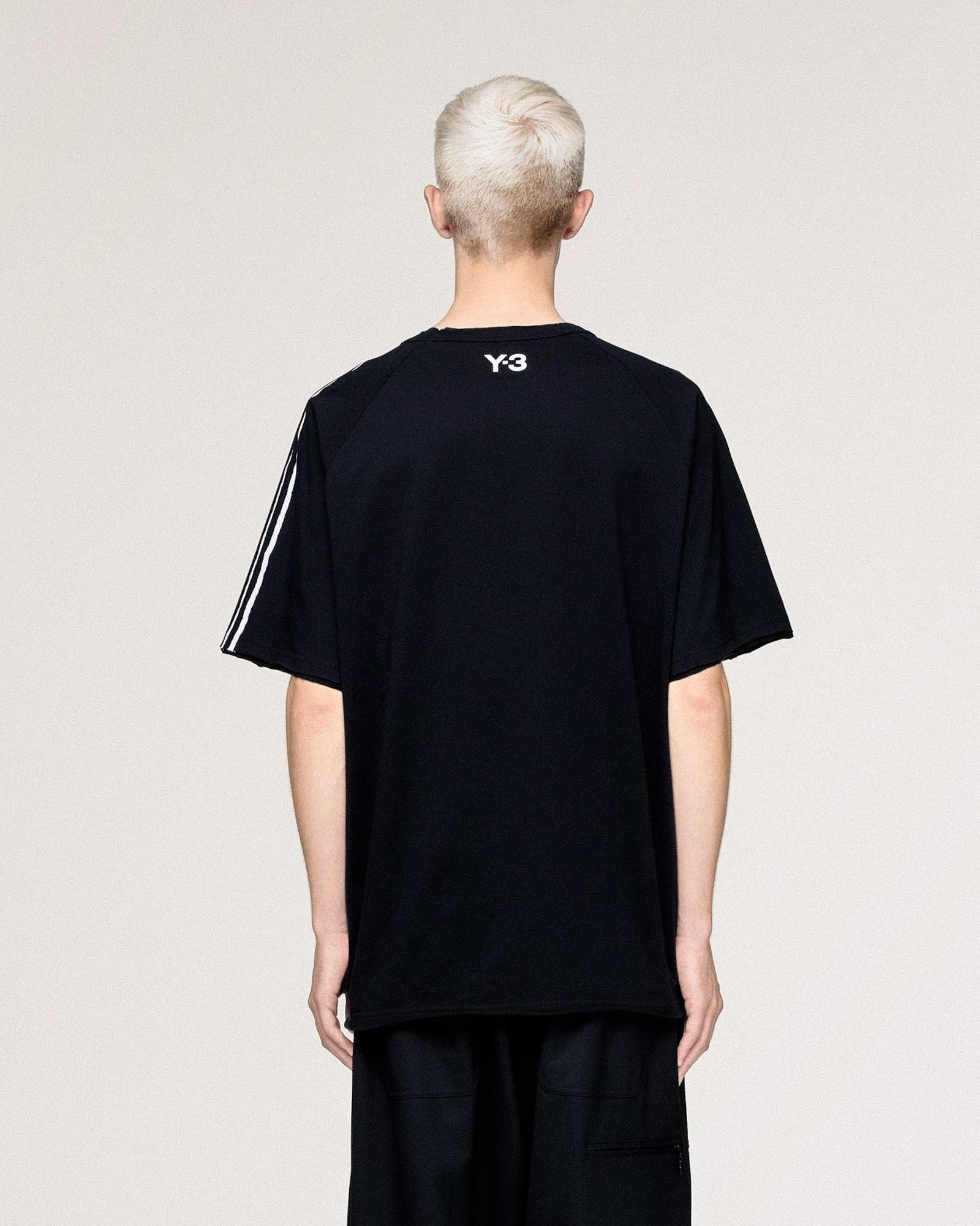 Y-3 Raw Edge 3 Stripes SS Tee Black T-Shirts KQ9793 On Model Back View | GATE

