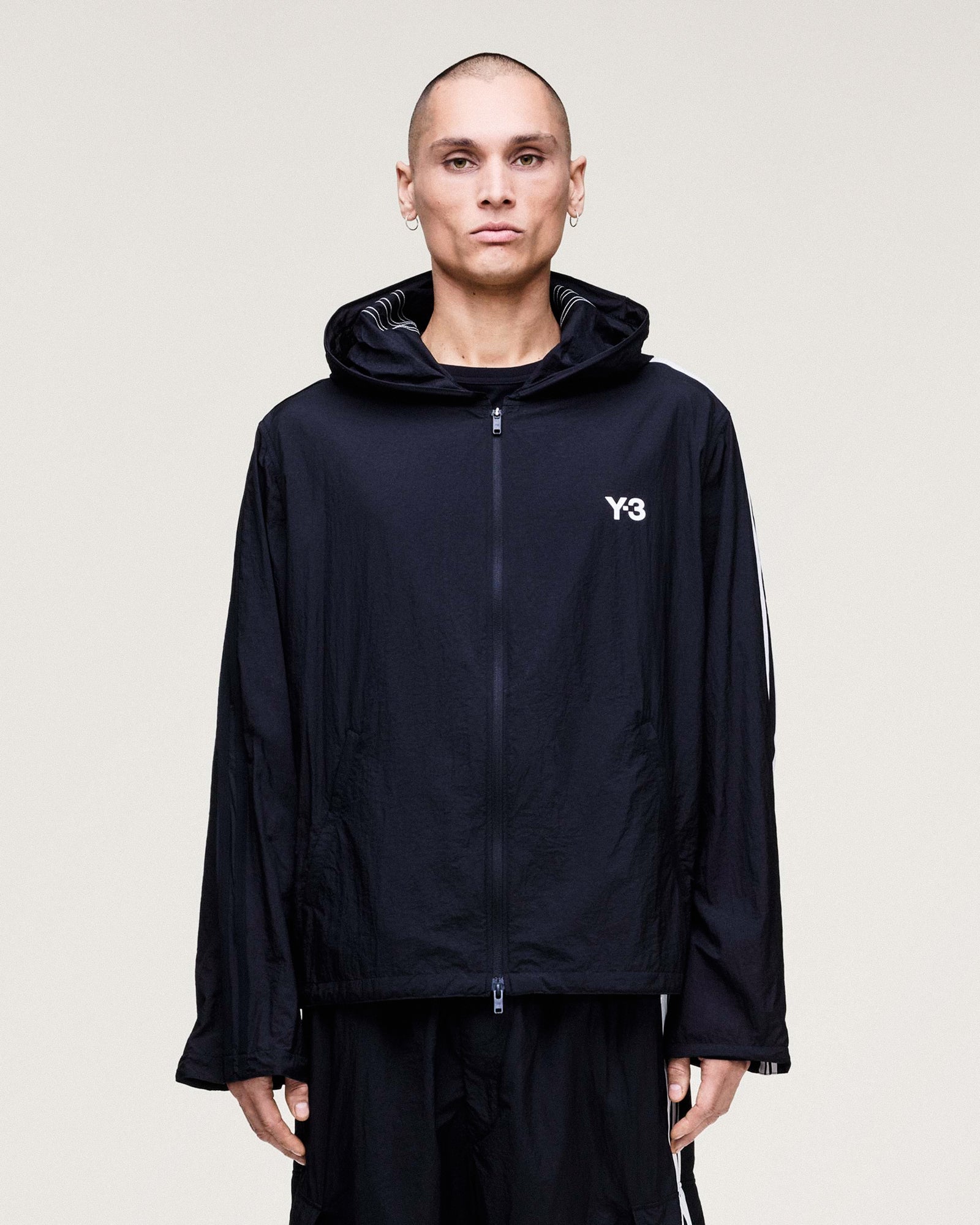 Y-3 Nylon Wired 3 Stripes Track Top Black Track Jackets KF1085 On Model Front View | GATE
