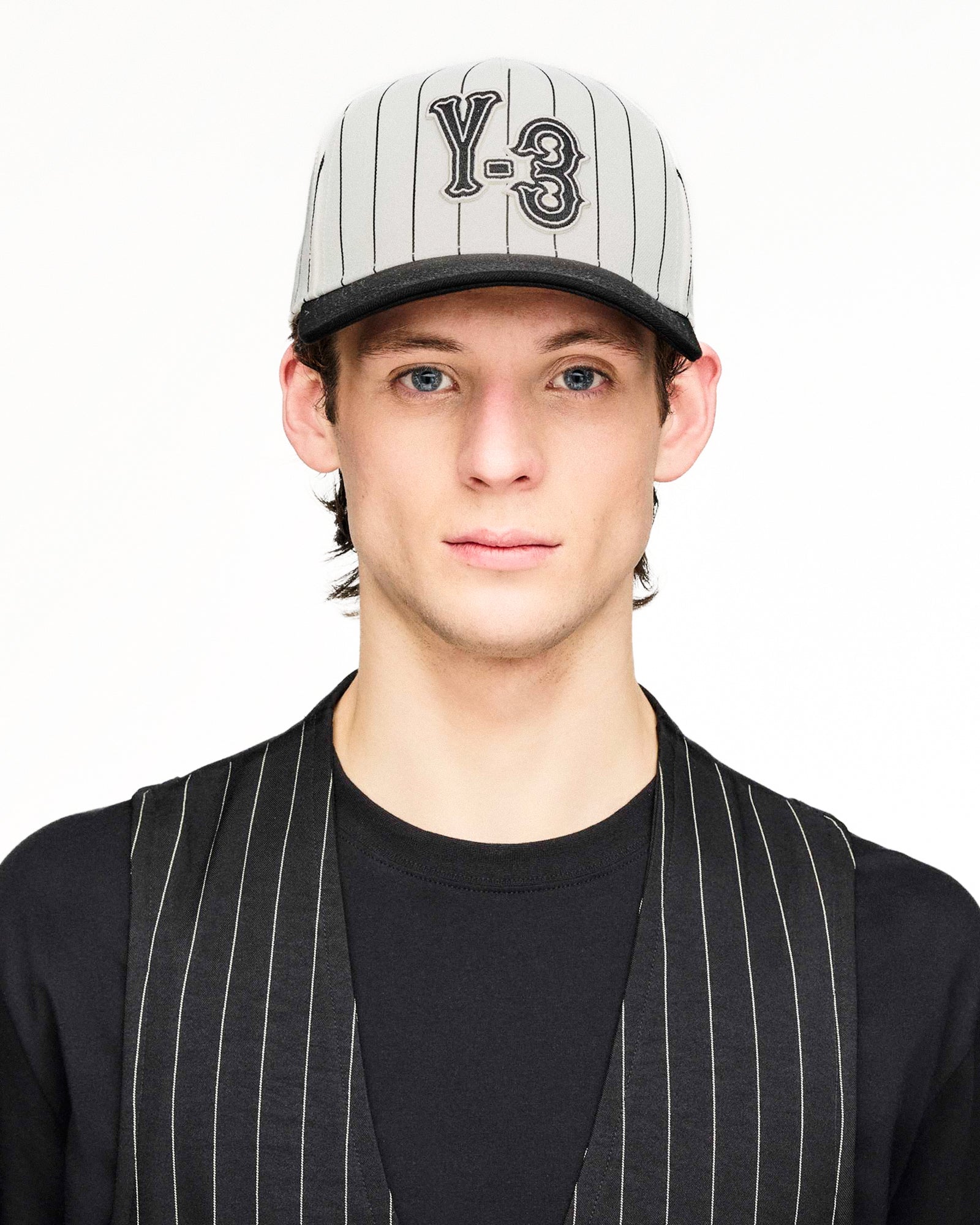 Y-3 Pinstripe Cap Chalk White Caps KR8937 On Model Front View | GATE
