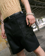 Feng Chen Wang Dragon Jacquard Patchworks Shorts Black Shorts FMS17ST08 On Model Front View | GATE
