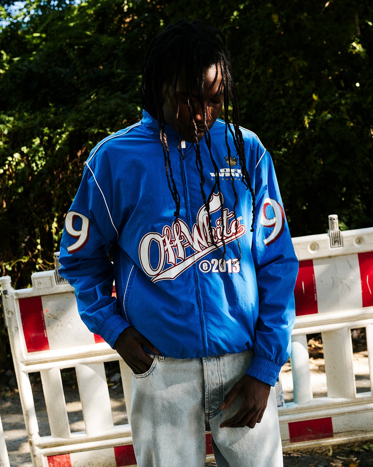 Off-White Type Logo Nylon Tracktop Nautical Blue / White Tracksuit Tops OMBD05EF25FAB0024601 Detail View 1 | GATE