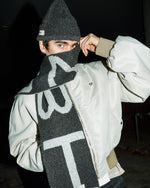 GmbH Knitted Colour Blocked Scarf With Fringes Grey Scarves Idris On Model Front View | GATE
