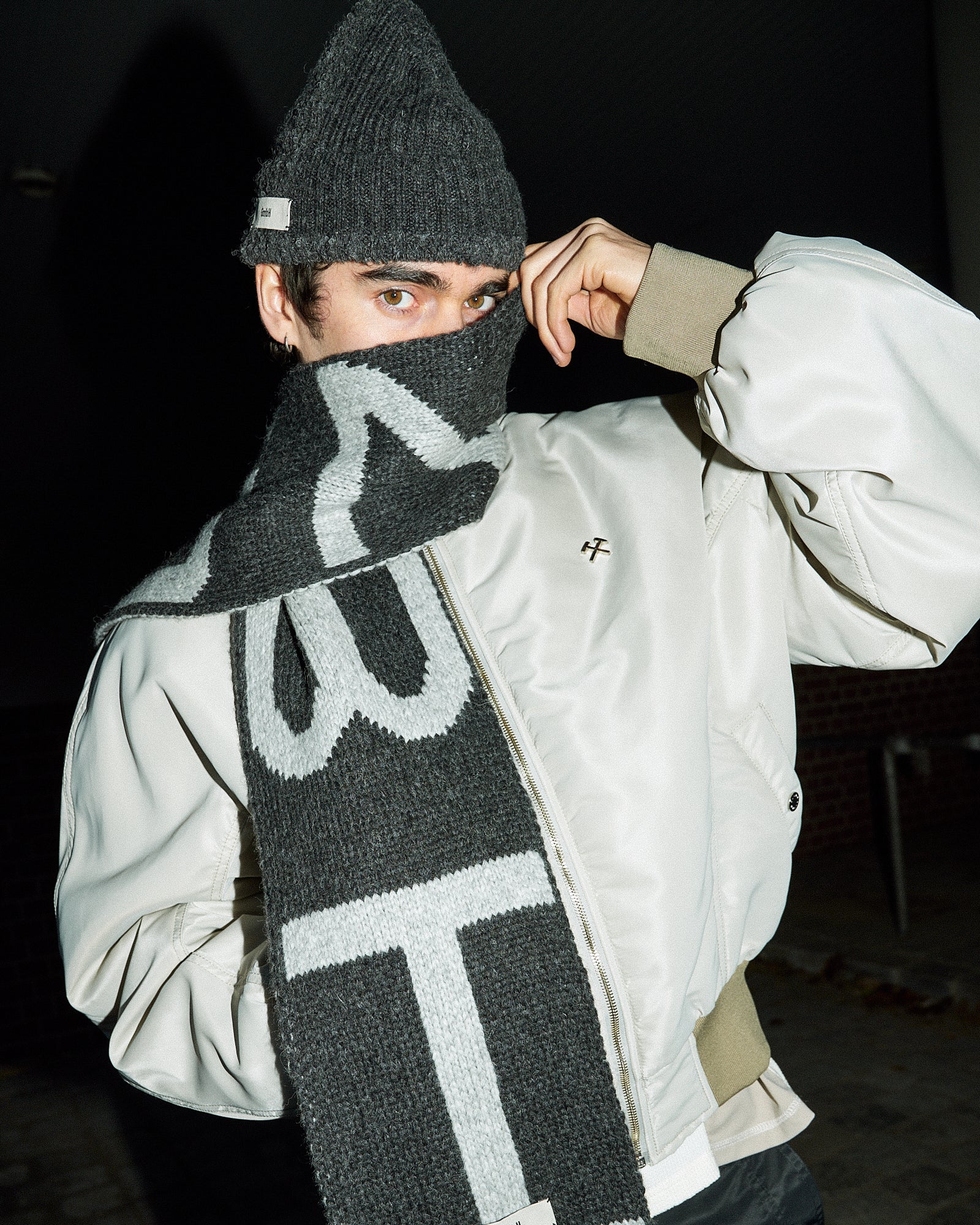 GmbH Knitted Colour Blocked Scarf With Fringes Grey Scarves Idris On Model Front View | GATE
