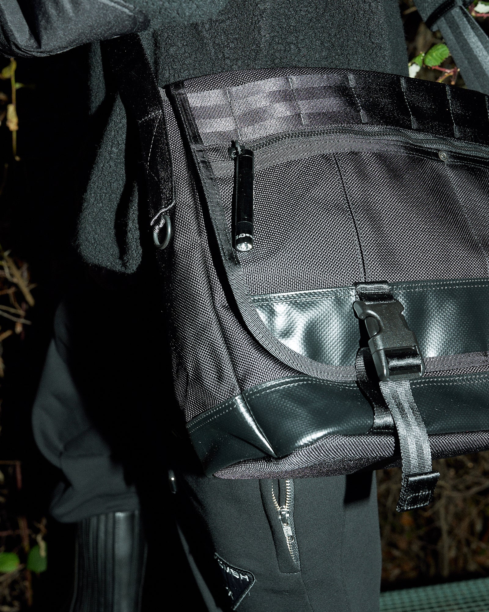 Porter-Yoshida & Co. Heat Messenger Bag (L) Black Messenger Bags 703-07967-10 On Model Front View | GATE
