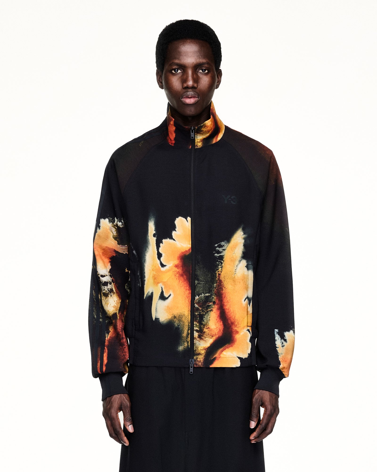 Y-3 AOP M 3S TT Black Track Top KA9622 On Model Front View | GATE