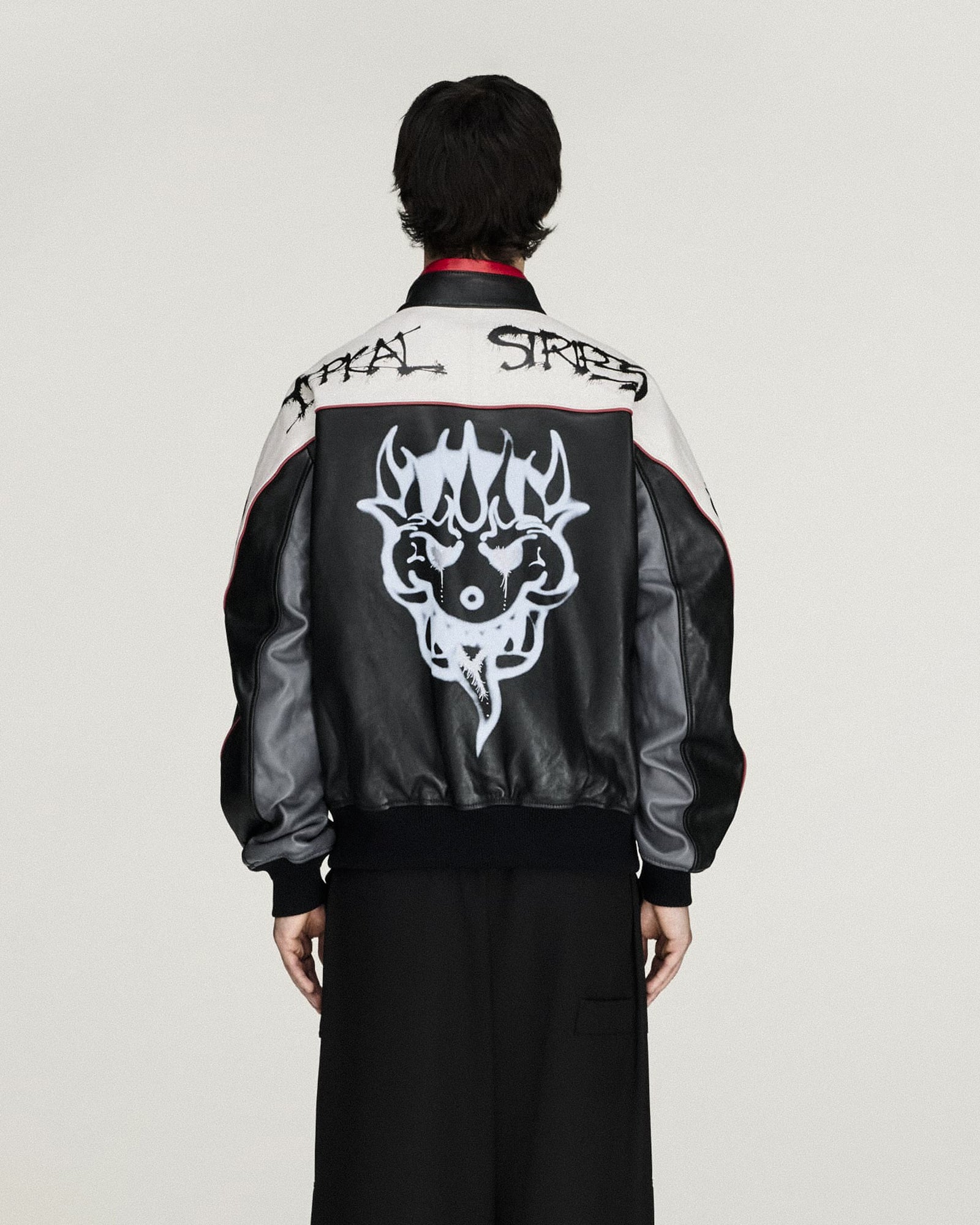 Y-3 Chito Graphic Leather Biker Jacket Black Jacket KR3573 On Model Back View | GATE
