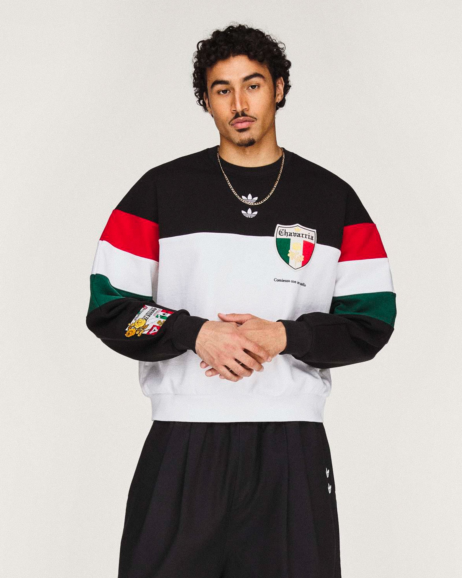 Willy Chavarria x adidas Crew Sweatshirt Black / White Sweatshirt KV1976 On Model Front View | GATE
