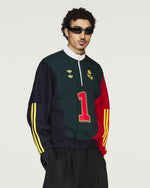 Willy Chavarria x adidas Watsonville Sweatshirt Aurora Ivy / Legend Ink / Better Scarlet Sweatshirts KV1996 On Model Front View | GATE
