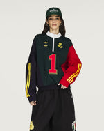 Willy Chavarria x adidas Watsonville Sweatshirt Aurora Ivy / Legend Ink / Better Scarlet Sweatshirts KV1996 Model Detail 1 | GATE
