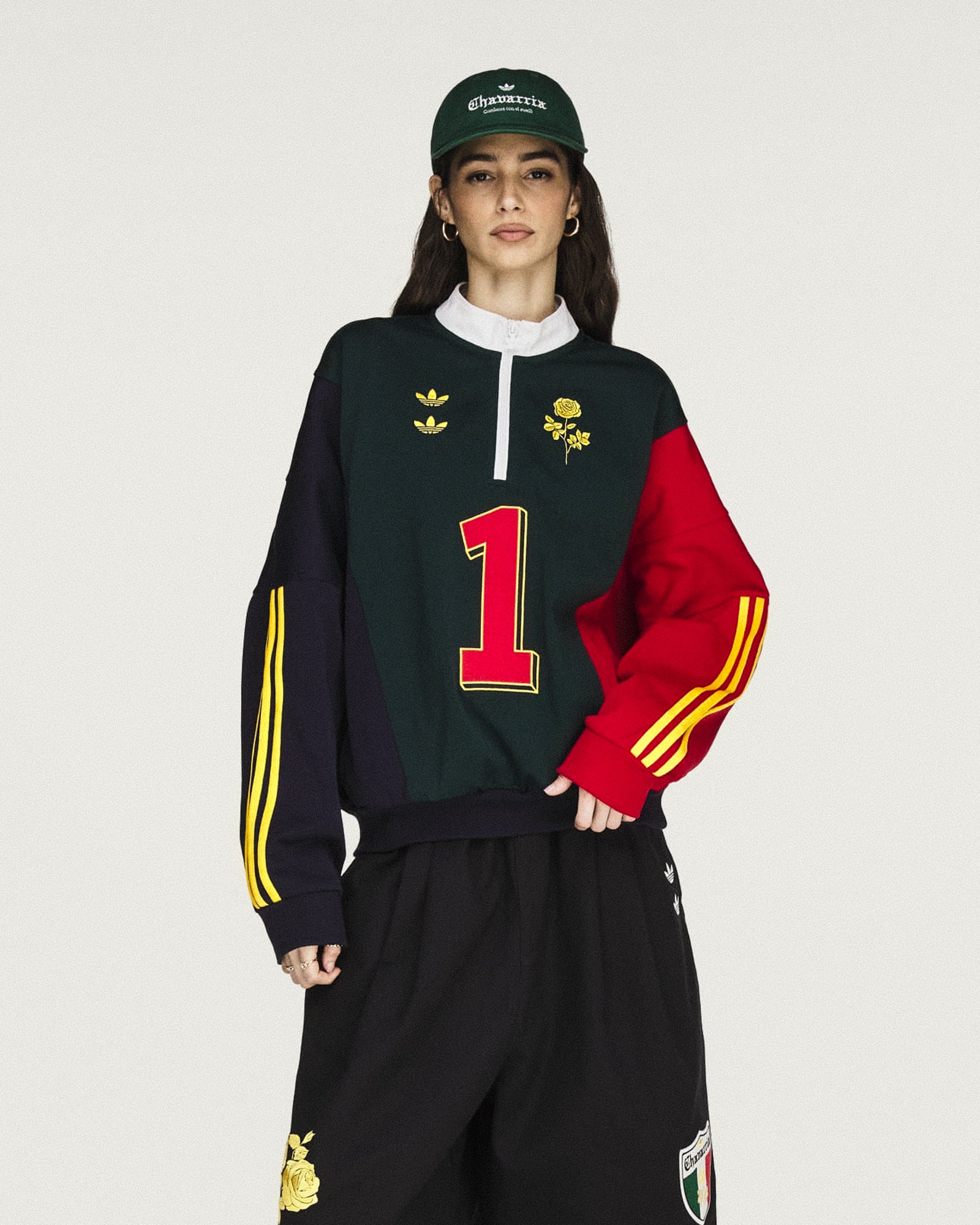 Willy Chavarria x adidas Watsonville Sweatshirt Aurora Ivy / Legend Ink / Better Scarlet Sweatshirts KV1996 Model Detail 1 | GATE
