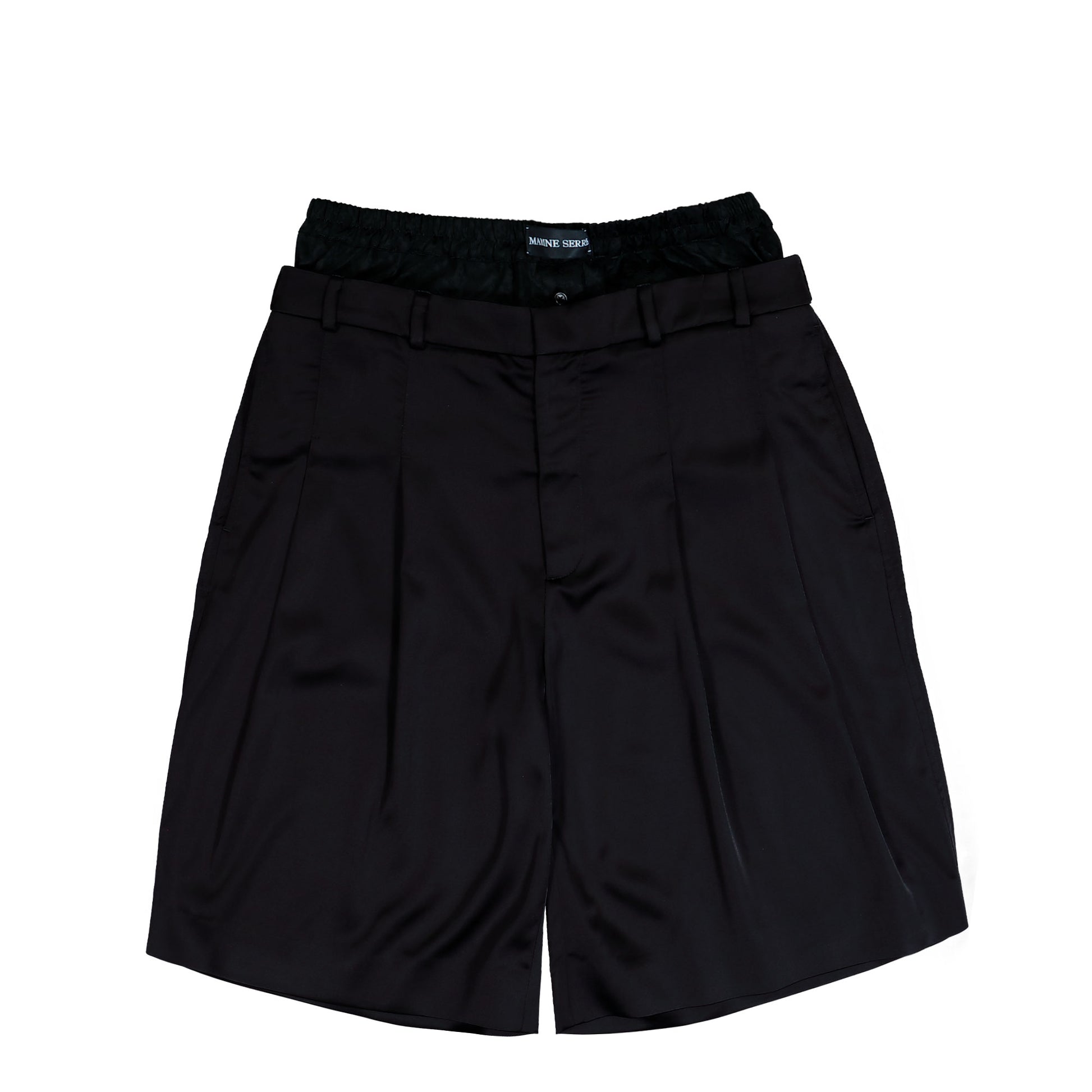 Marine Serre Draped Satin Boxer Waisted Shorts Black Shorts MSH016ACWOV0020-BK99 Detail View 1 | GATE