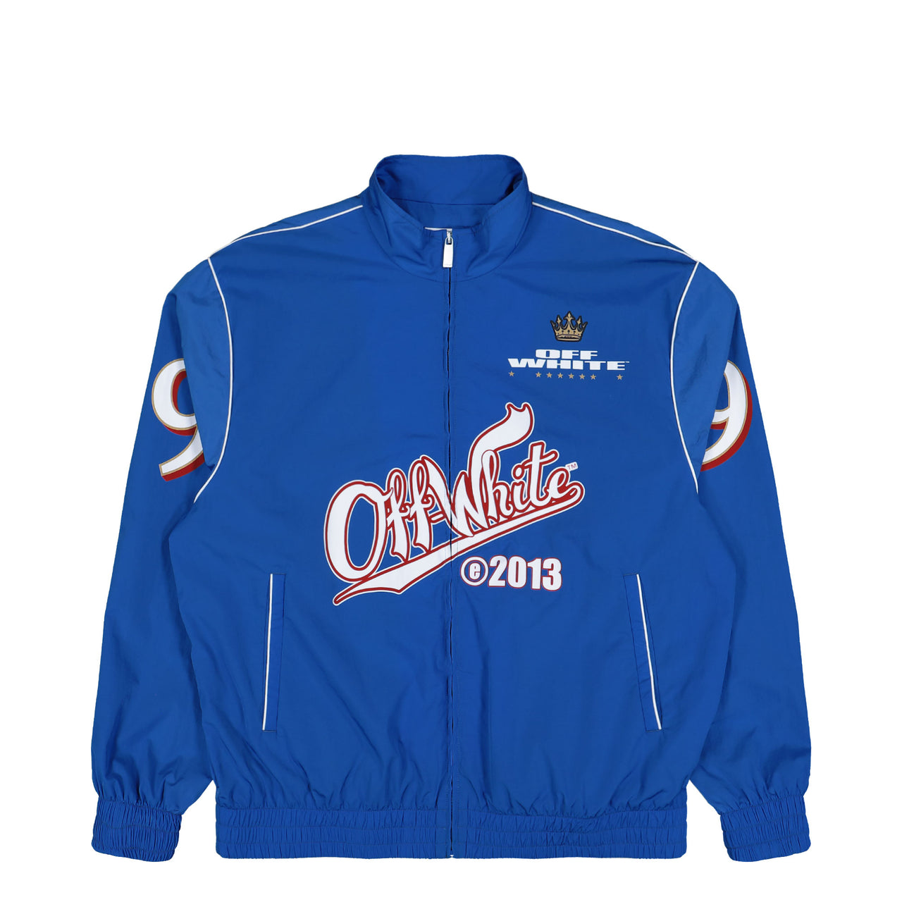 Off-White Type Logo Nylon Tracktop Nautical Blue / White Tracksuit Tops OMBD05EF25FAB0024601 Detail View 1 | GATE
