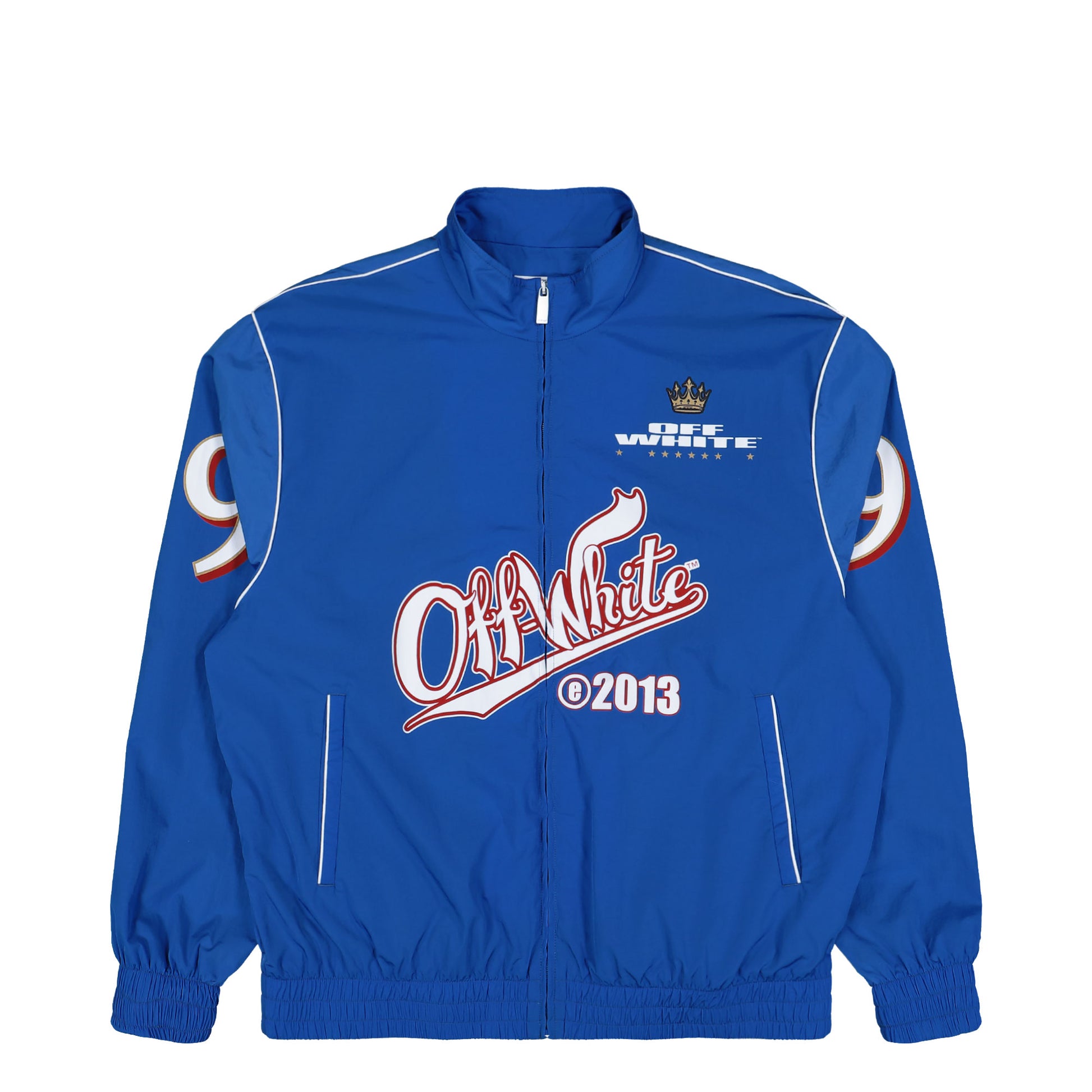 Off-White Type Logo Nylon Tracktop Nautical Blue / White Tracksuit Tops OMBD05EF25FAB0024601 Detail View 1 | GATE