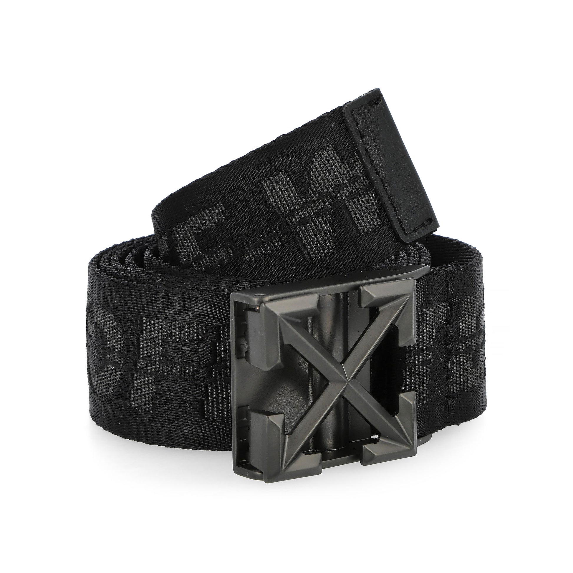 Off White Tape Belt Arrow 38MM Black / Black Belts OMRB14LC99FAB0011010 Detail View 1 | GATE
