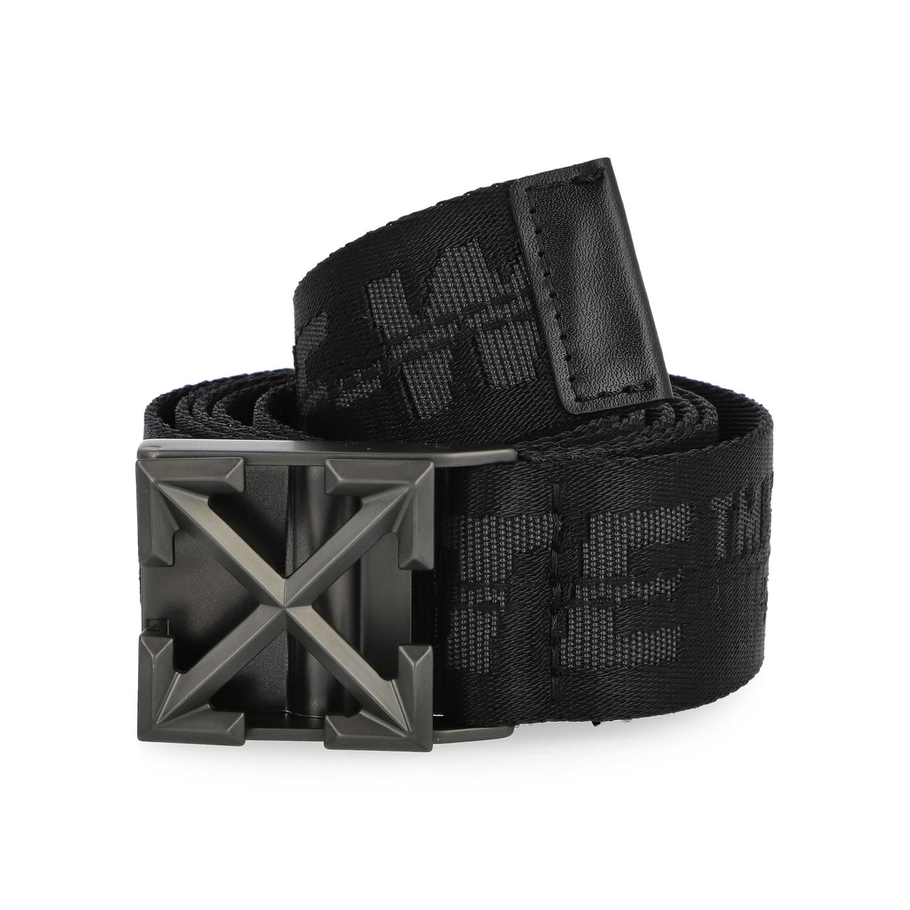 Off White Tape Belt Arrow 38MM Black / Black Belts OMRB14LC99FAB0011010 Detail View 1 | GATE
