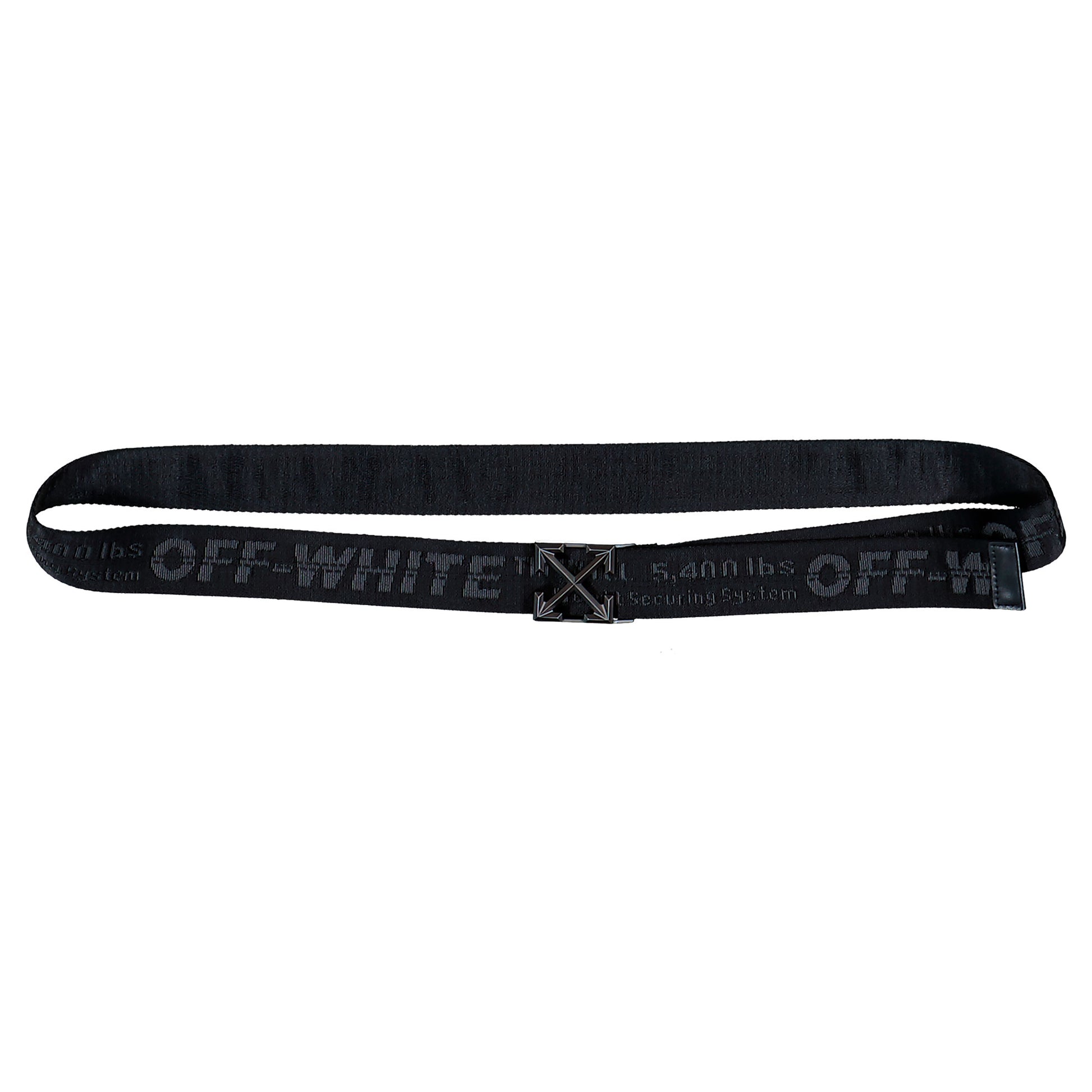 Off White Tape Belt Arrow 38MM Black / Black Belts OMRB14LC99FAB0011010 Detail View 6 | GATE
