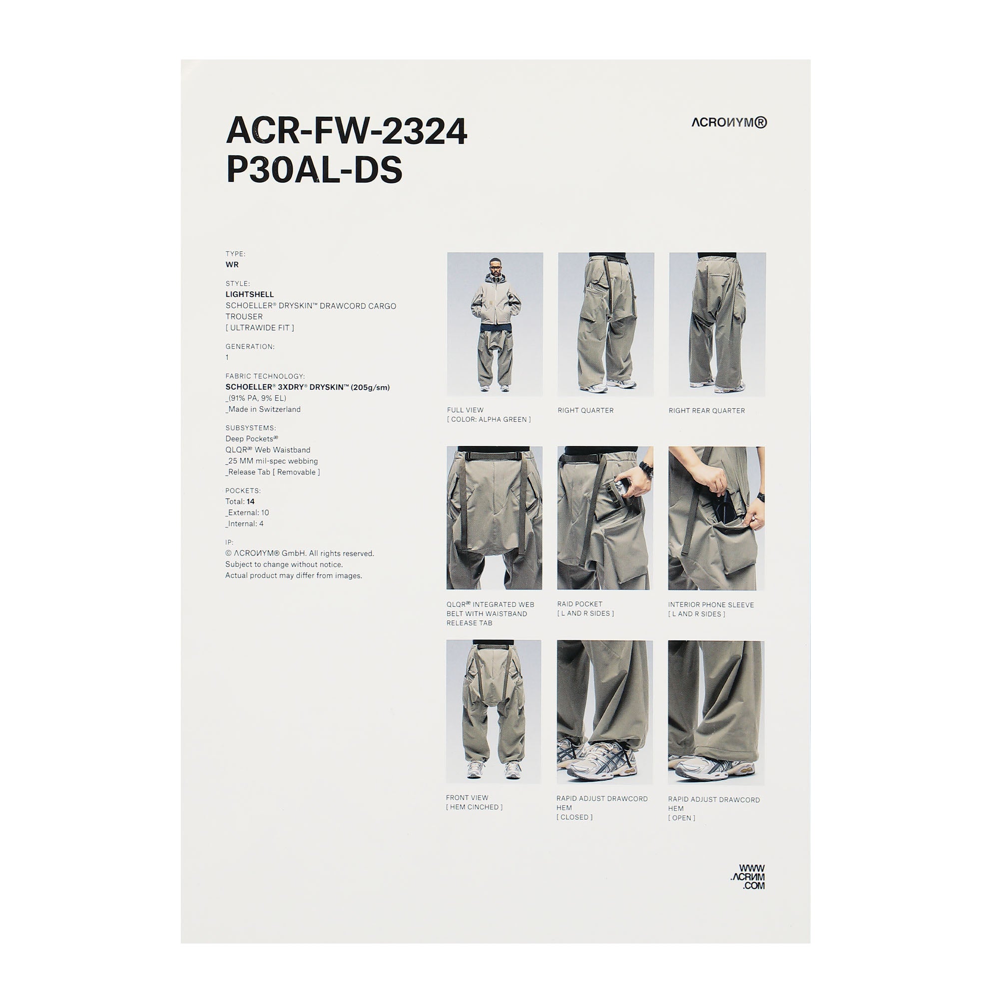 Acronym Schoeller® Dryskin™ Ultrawide Drawcord Cargo Trouser (P30AL-DS) |  GATE