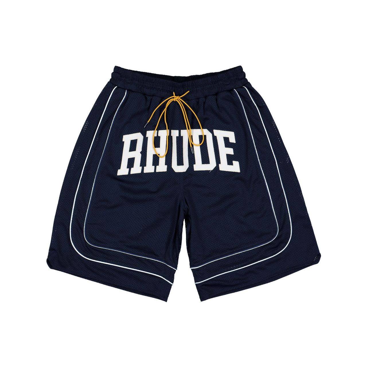 Rhude Baggy Collegiate Logo Short Navy / Cream Shorts RHFW25SH01041 Detail View 1 | GATE