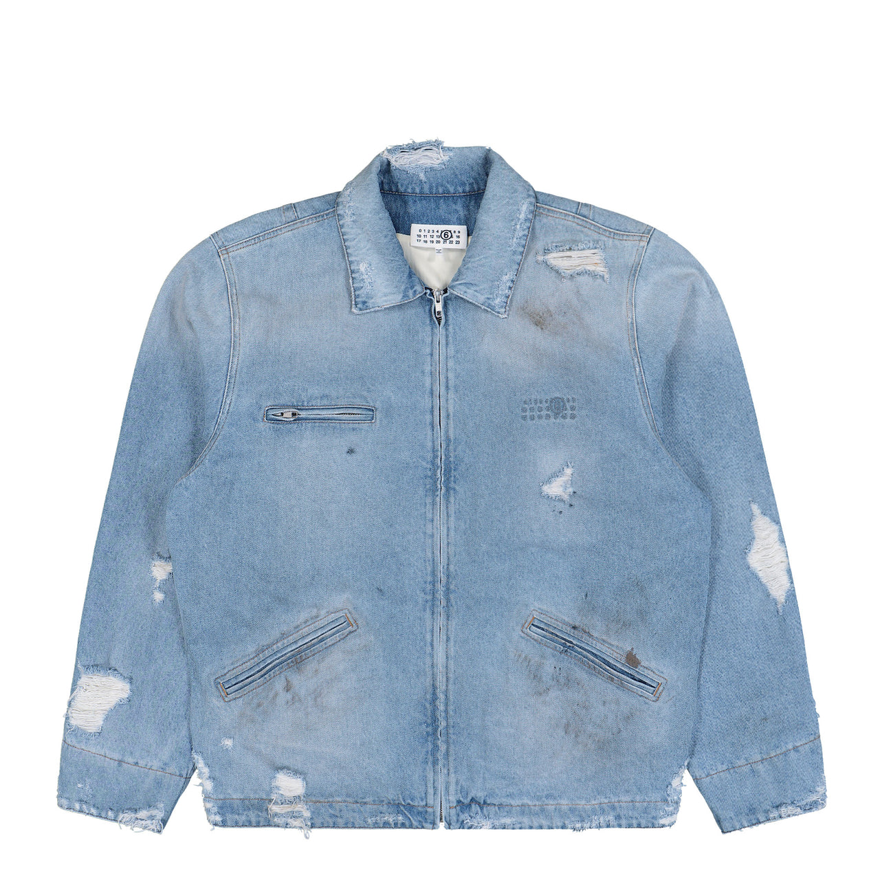 MM6 Maison Margiela Denim Distressed Zip-Up Jacket Blue Jackets SH2AM0030 M30018 964 Detail View 1 | GATE