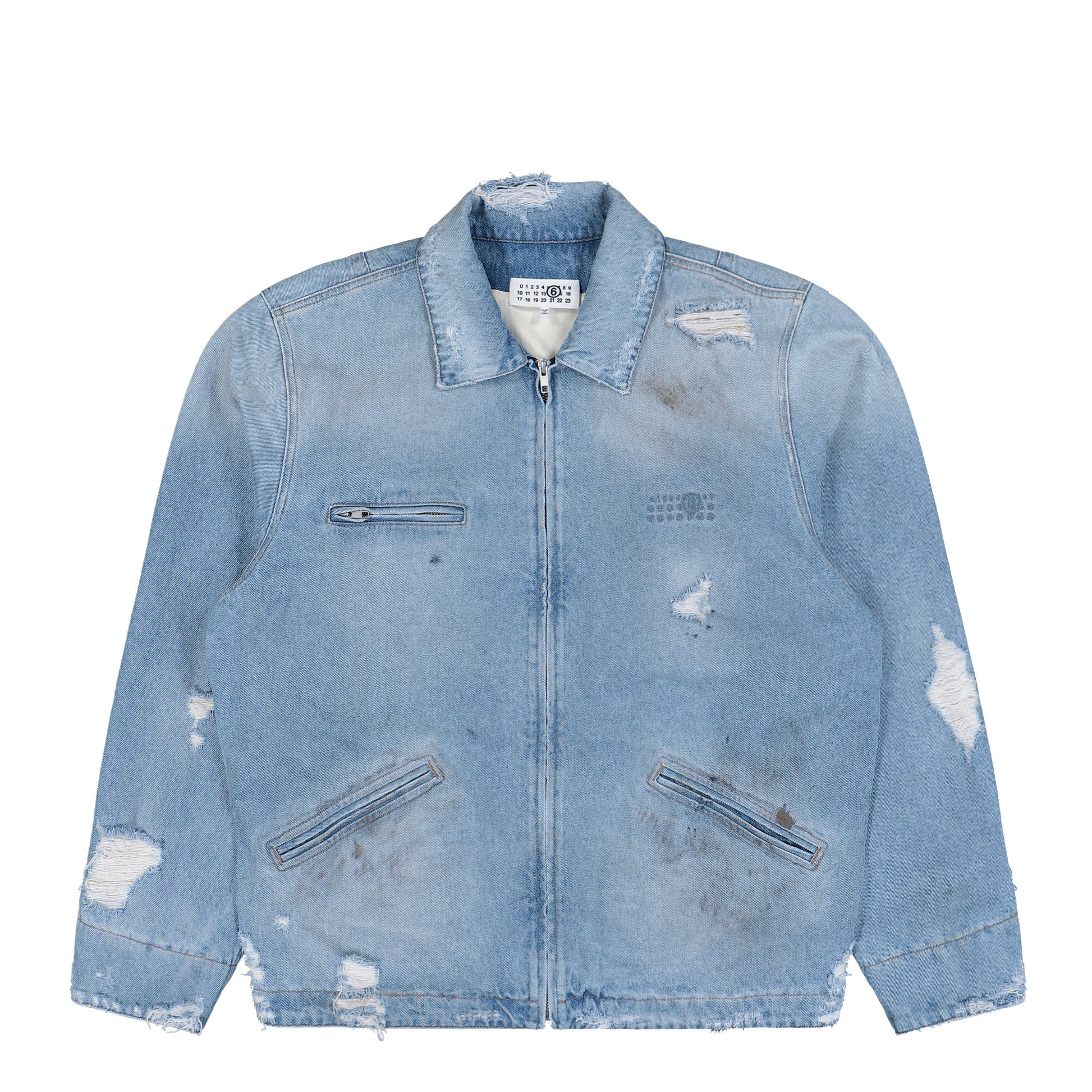 MM6 Maison Margiela Denim Distressed Zip-Up Jacket Blue Jackets SH2AM0030 M30018 964 Detail View 1 | GATE