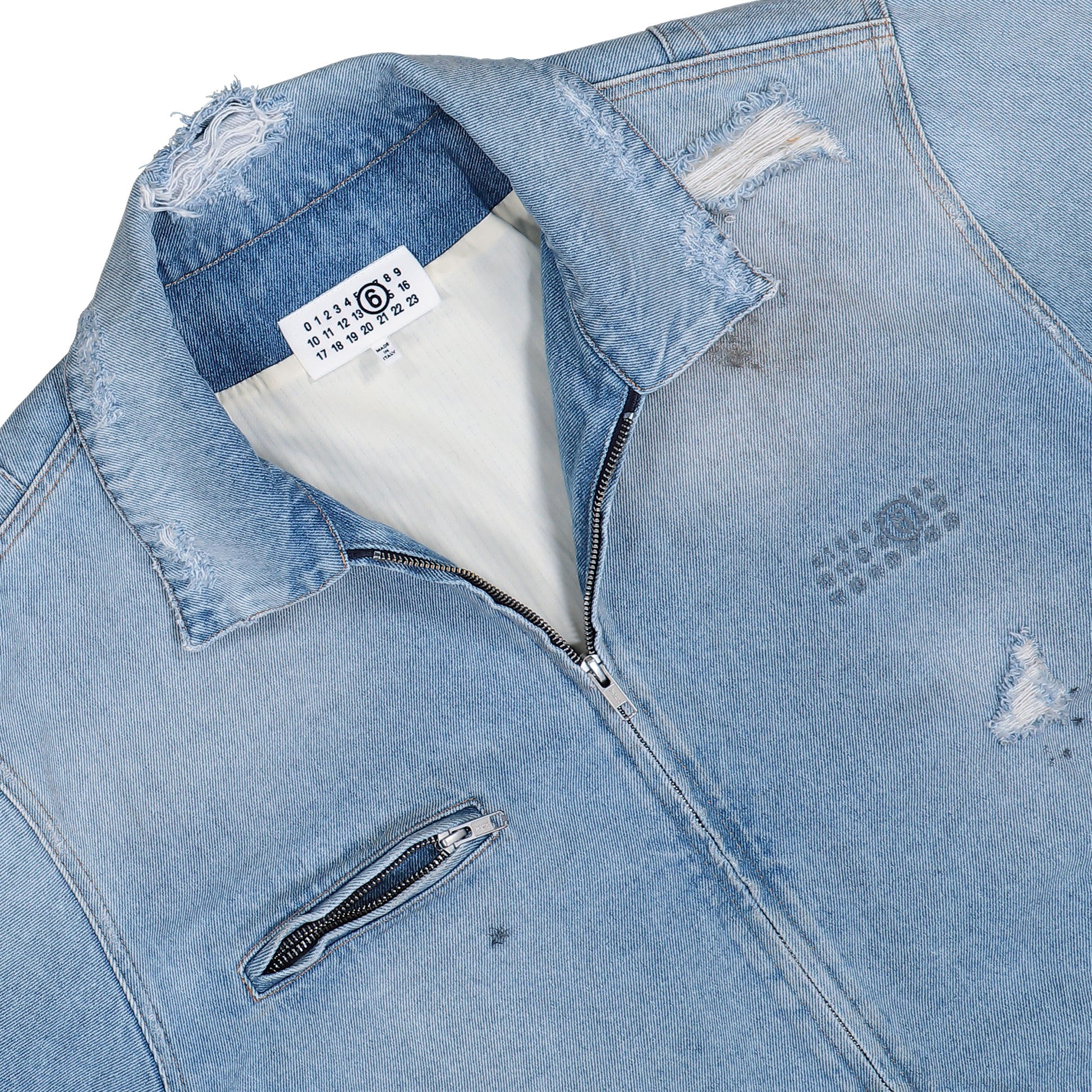 MM6 Maison Margiela Denim Distressed Zip-Up Jacket Blue Jackets SH2AM0030 M30018 964 Detail View 3 | GATE