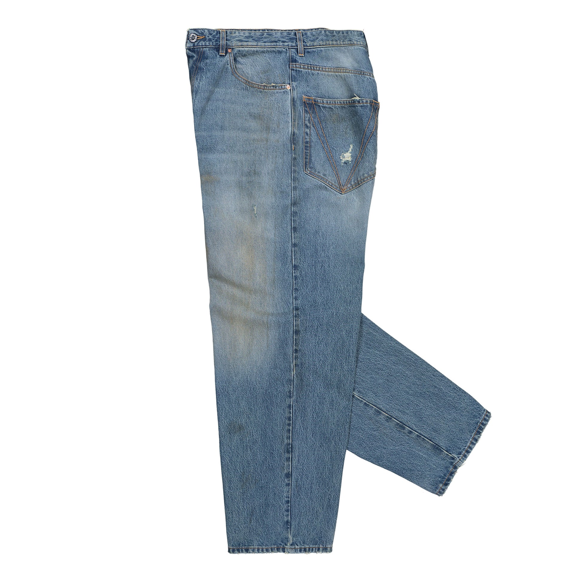 VETEMENTS Distressed Baggy Jeans Distressed Light Blue Denim UH76DP180LD Detail View 3 | GATE