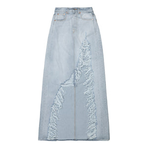 VETEMENTS Destroyed Denim Maxi Skirt Blue Detail view 1 | Gate