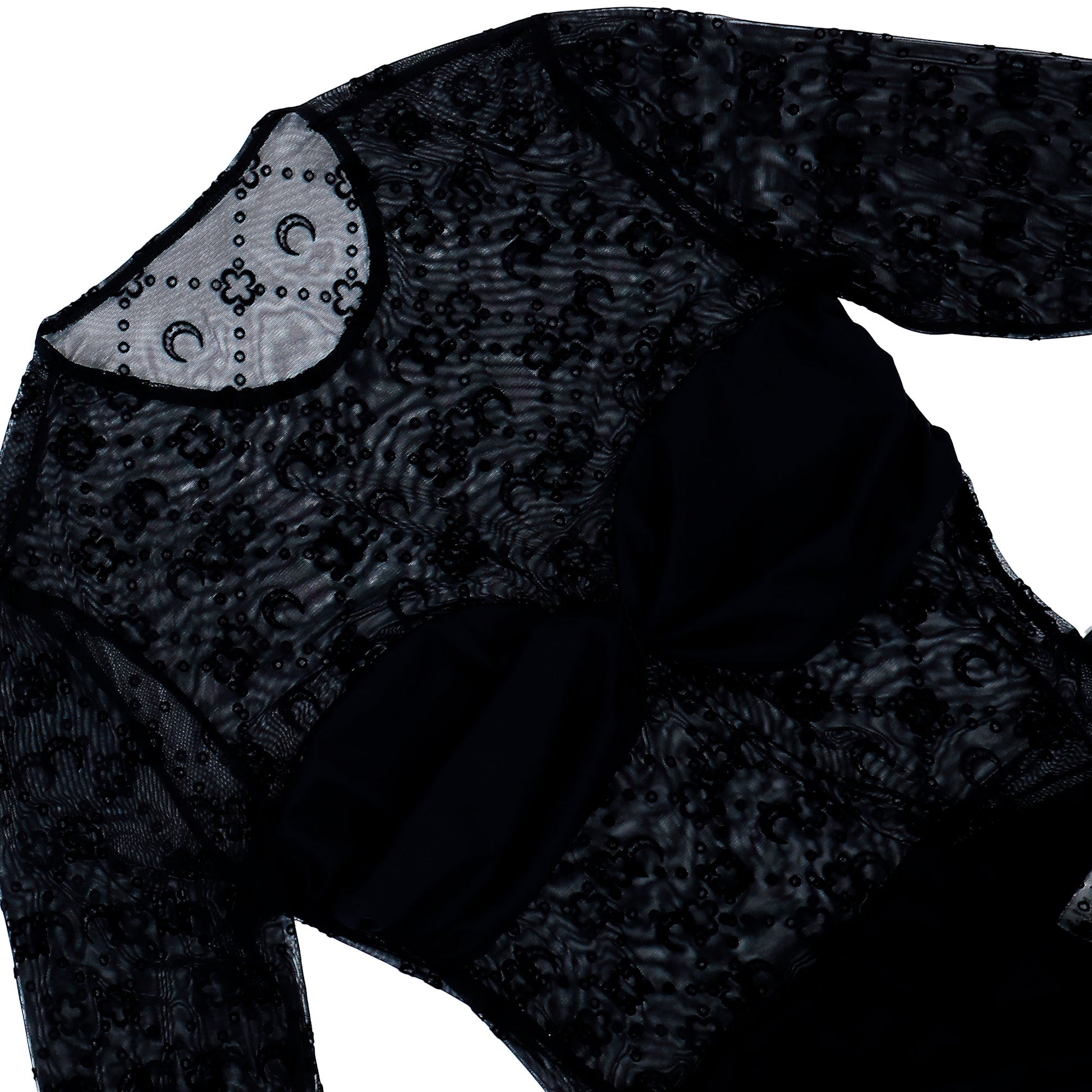 Marine Serre Moonogram Mesh Flock Ruffles Mini Dress Black Dresses WDR470ACJER0005-BK99 Detail View 3 | GATE