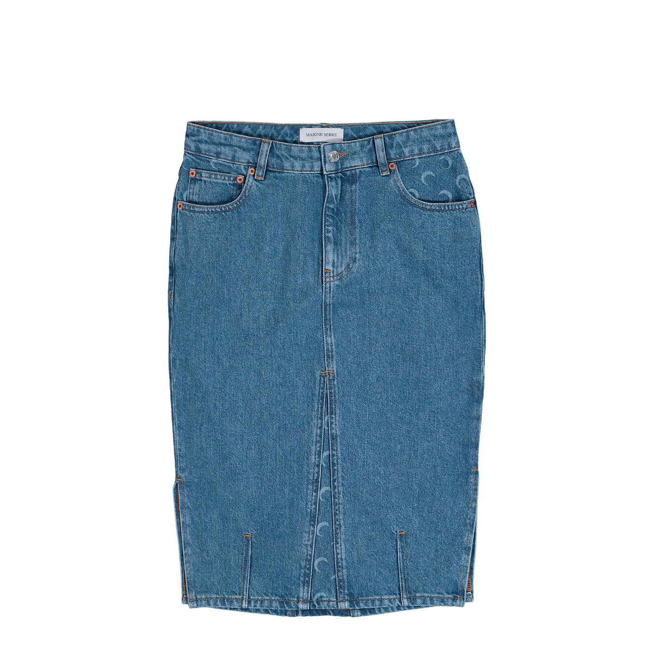 Marine Serre Moon Laser Denim Midi Skirt Light Blue Skirts WSK126ACDEN0002-BL05 Detail View 1 | GATE