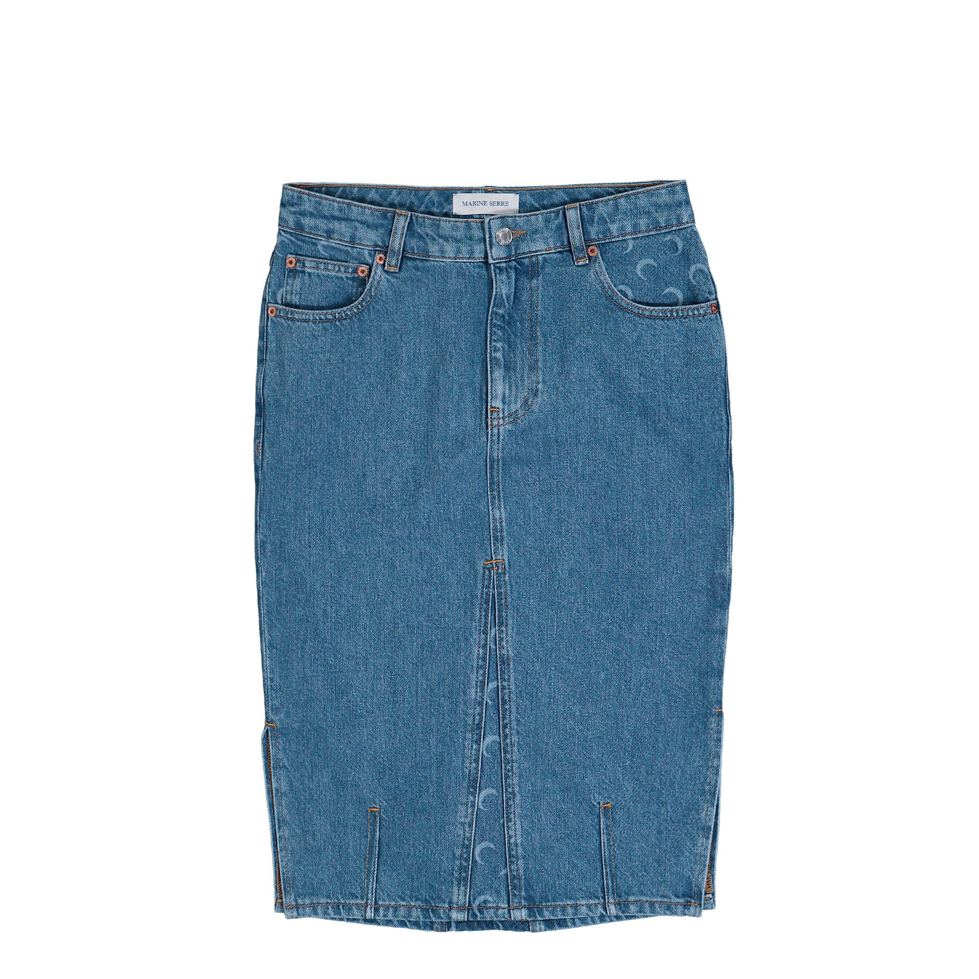 Marine Serre Moon Laser Denim Midi Skirt Light Blue Skirts WSK126ACDEN0002-BL05 Detail View 1 | GATE