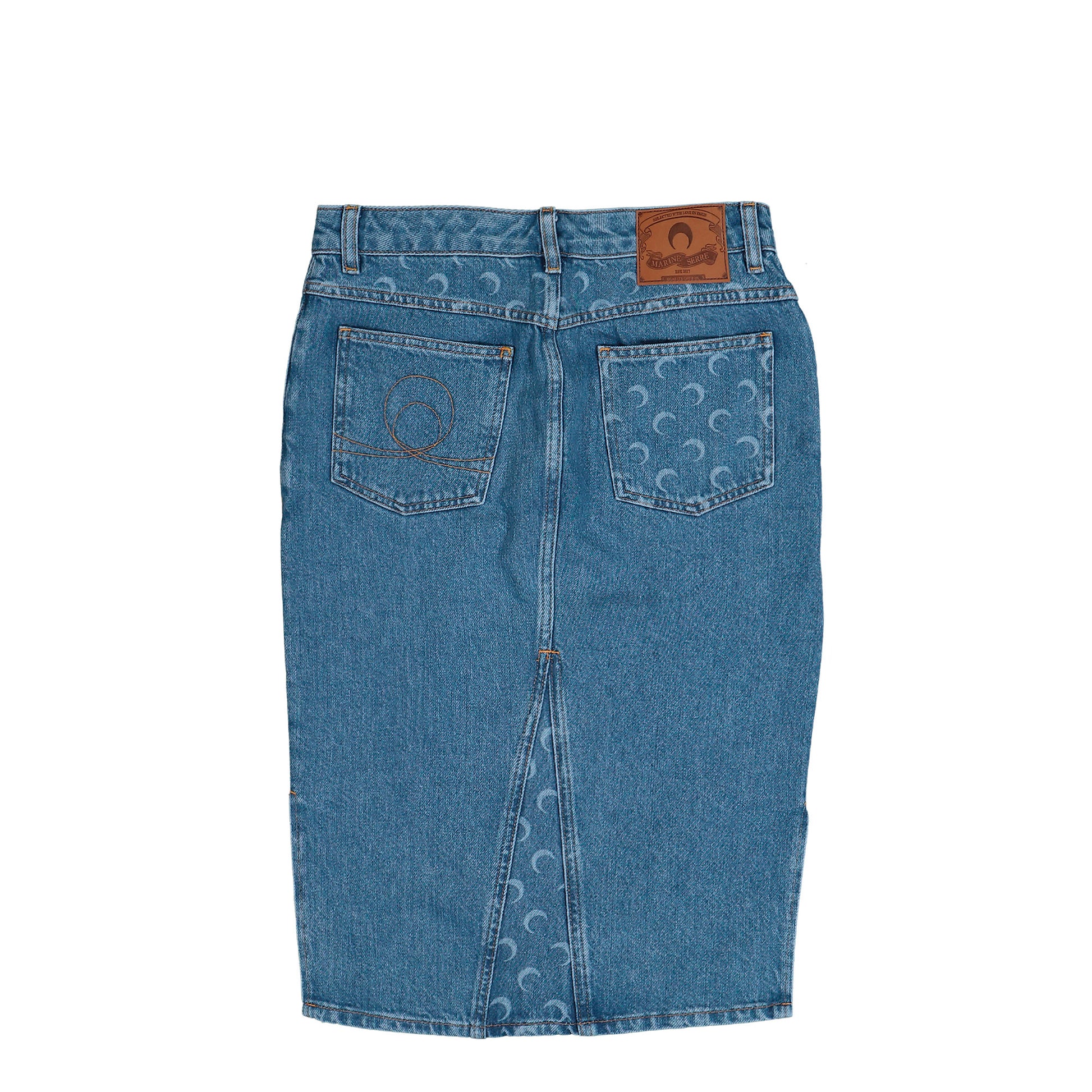 Marine Serre Moon Laser Denim Midi Skirt Light Blue Skirts WSK126ACDEN0002-BL05 Detail View 2 | GATE