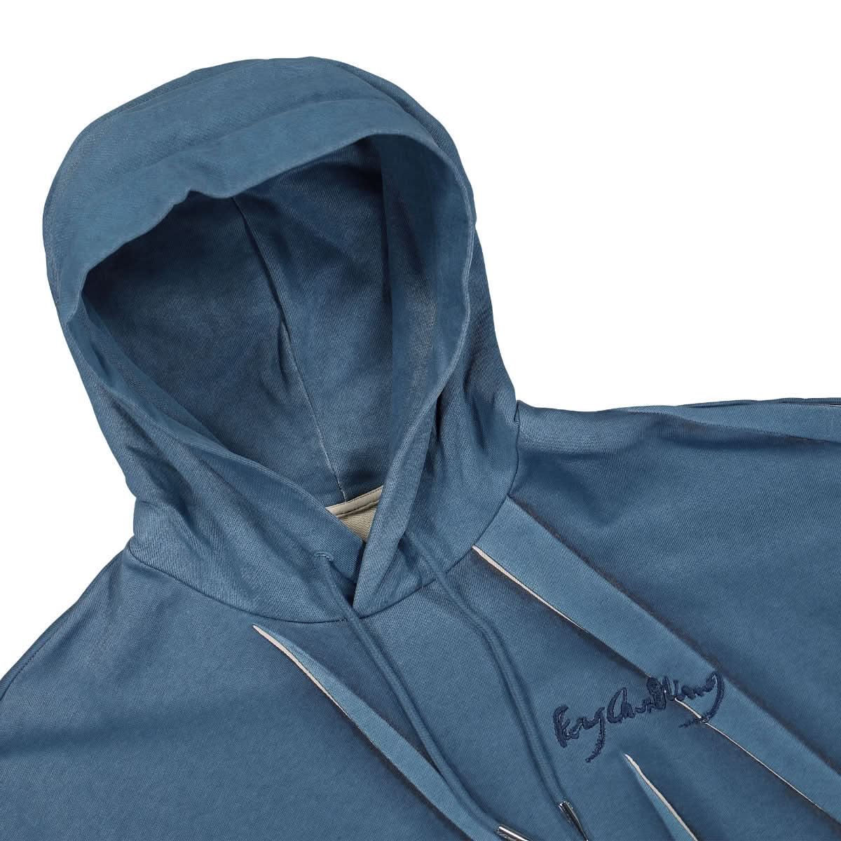 Feng Chen Wang Pleated and Printed Hoodie Blue Detail view 3 | Gate